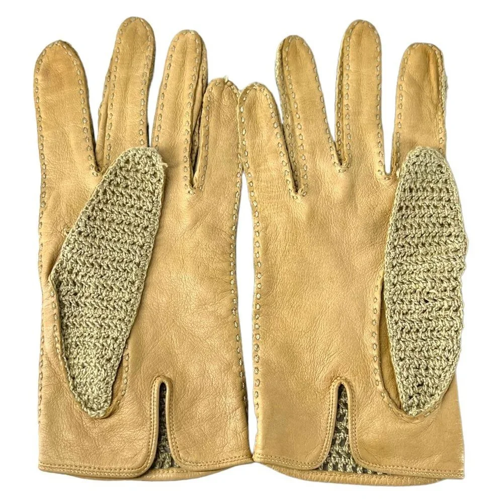 Vintage 50s Tan Crochet Leather Driving Gloves Medium